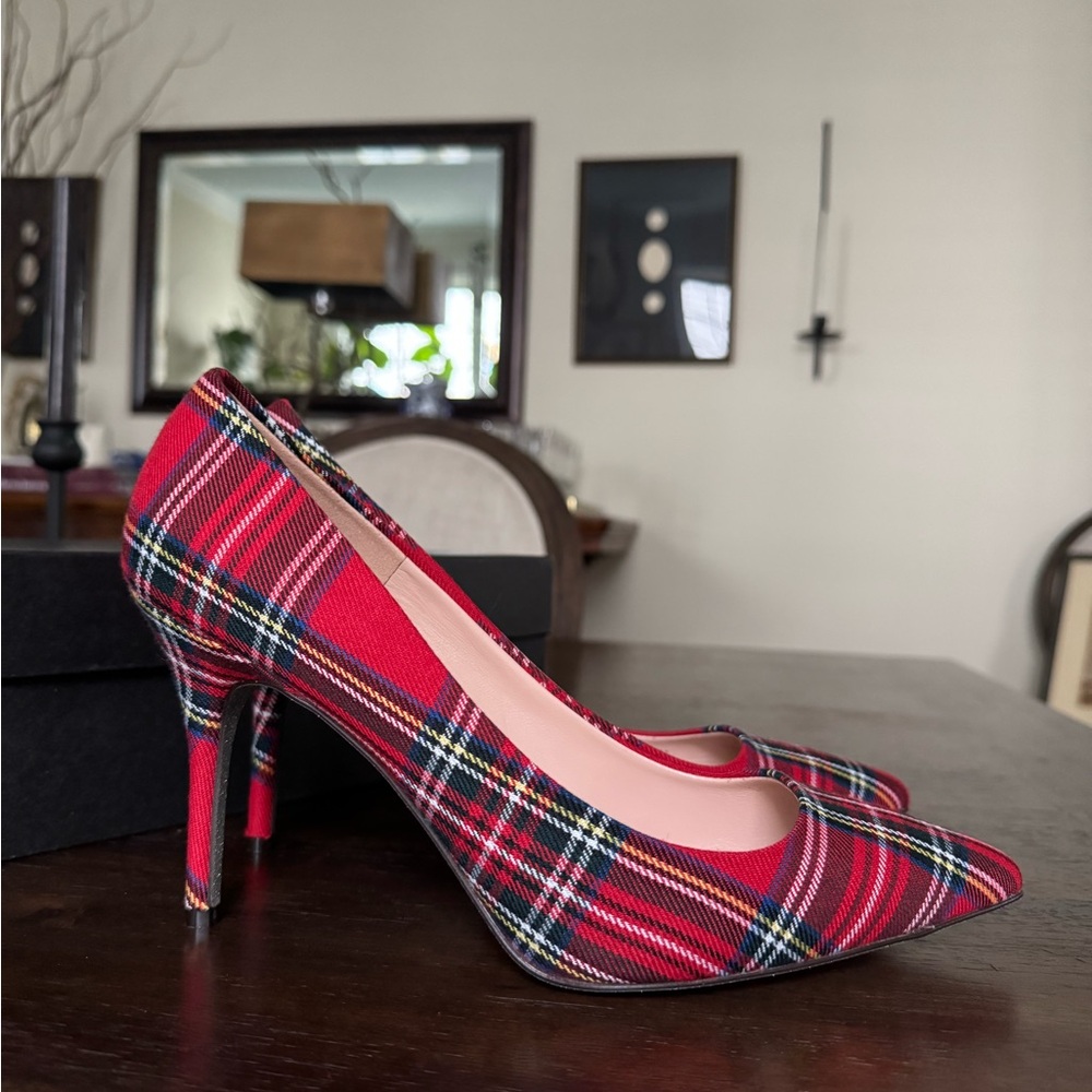 J. Crew Holiday Red Plaid Heels w/ Silver Glitter Soles